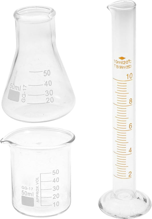 IMIKEYA 3-Piece Scientific Laboratory Tool Set Borosilicate Glass Graduated Cylinder Conical Flask Beaker for Classroom and Home Experiments