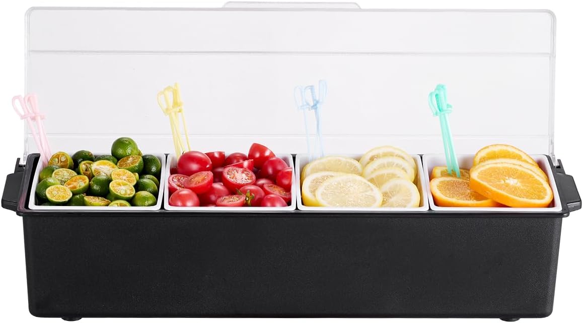 VEVOR Chilled Condiment Server Caddy, 5 Compartment Ice Cooled Serving Container, Plastic Fruit Garnish Tray Platter with Lid, for Taco Salad Bar Accessories, Party Home Restaurant Supplies