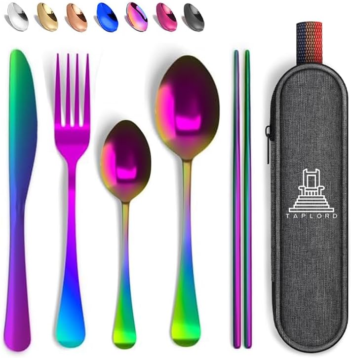 Taplord Portable Travel Silverware Set With Case, Includes 10 Pcs of Travel Utensils With Case, Stainless Steel Flatware Set For Camping, Lightweight (Multi-Color)