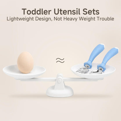 KINGSTONE Toddler Utensils with Case, Kids Silverware Set with Silicone Handles, 18/10 Stainless Steel Children Safe Forks and Spoons, Travel Carrying Cases BPA Free, Dishwasher Safe (blue)