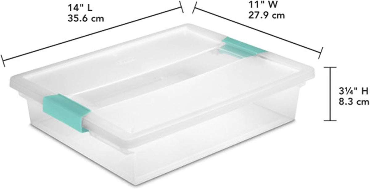 Sterilite Deep Clip Box, Stackable Small Storage Bin with Latching Lid, Plastic Container to Organize Paper, Office, Home, Clear Base and Lid, (Pack of 4)