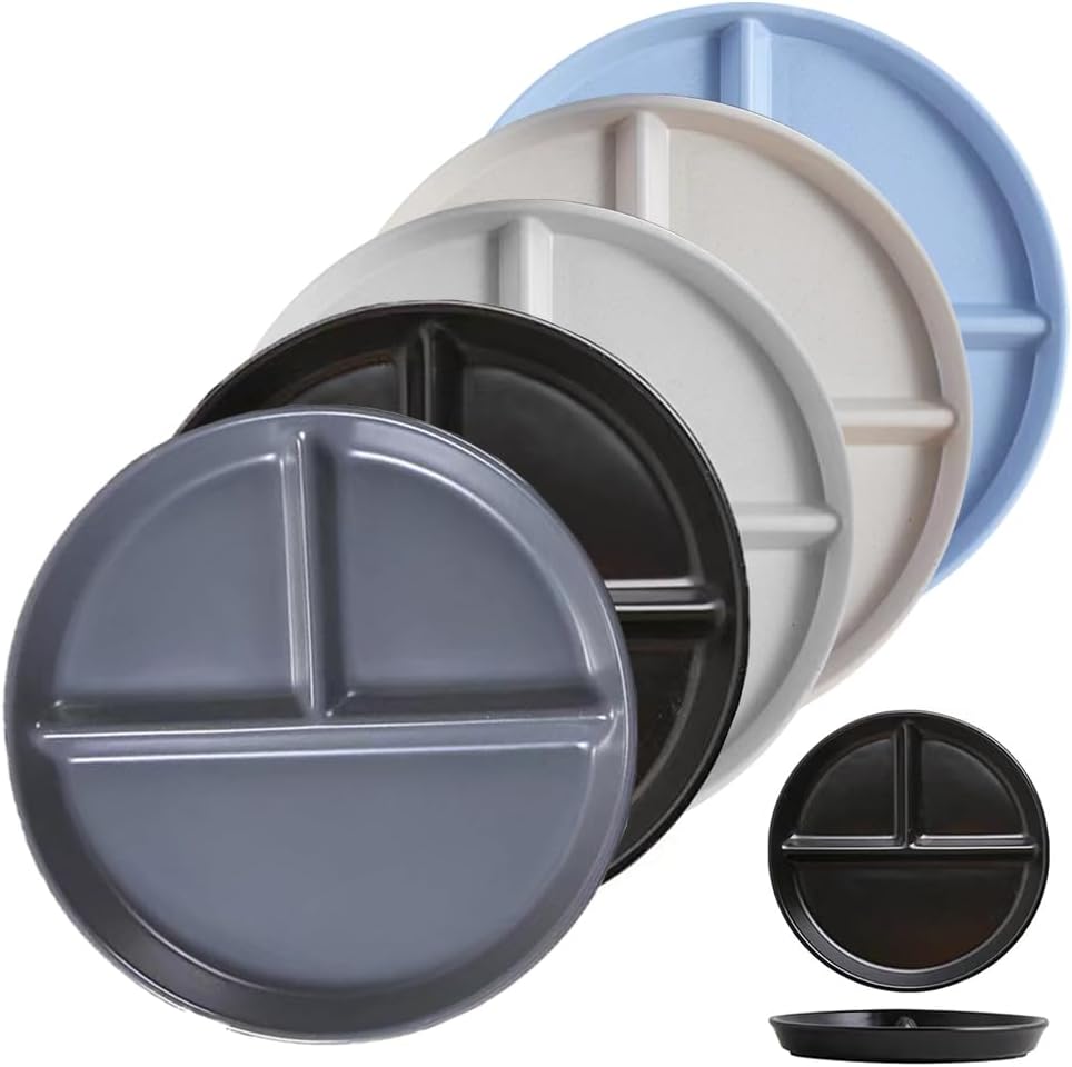 LRUUIDDE (5 Pack) Portion Control Plate for Balanced Eating, 9" Unbreakable Divided Plates,3 Compartment Plates, Reusable Plastic Plates, BPA Free for Adults