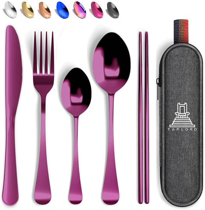 Taplord Portable Travel Silverware Set With Case, Includes 10 Pcs of Travel Utensils With Case, Stainless Steel Flatware Set For Camping, Lightweight (Multi-Color)