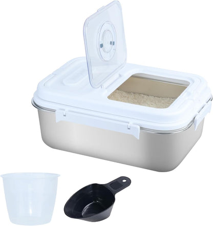 20Lbs Airtight Rice Container with Flip Lid, Stainless Steel Food Storage Container with Date Tracker, Measuring Cup and Spoon, 10L Portable Kitchen Pantry Bin for Flour Grain Sugar - Silver