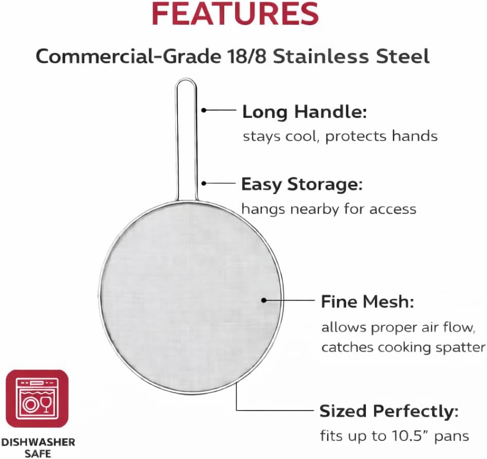 HIC Kitchen Splatter Screen, 18/8 Stainless Steel with Fine Mesh, 9-Inch, Fits Up To 8.5-Inch Pans