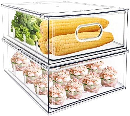 3Pack Fridge Organizer Drawer Divider Cube Pull-Out Bins Clear Food Container Refrigerator Storage box Produce Saver for Pantry Kitchen Cabinet