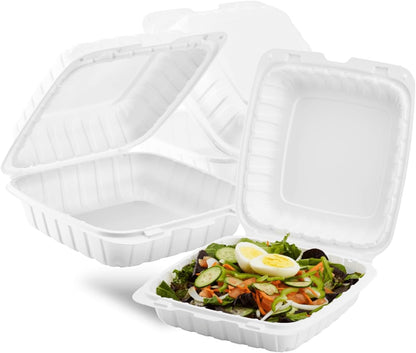 KARAT EARTH Clamshell Take Out Food Containers [8"x8" - 200 ct] To Go Containers | 3 Compartment, Soak-Resistant, Durable, Stackable | Vented for Hot/Cold Foods, White