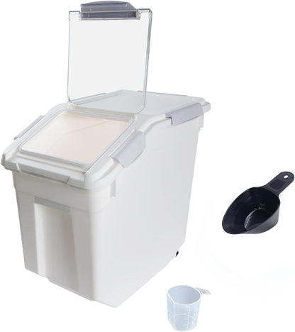 Airtight Flour Storage Container 25 lb Rice Storage Container with Wheels Seal Locking Lid, Food Containers with Measuring Cup& Scoop for Flour, Rice, Grain(Cyan)
