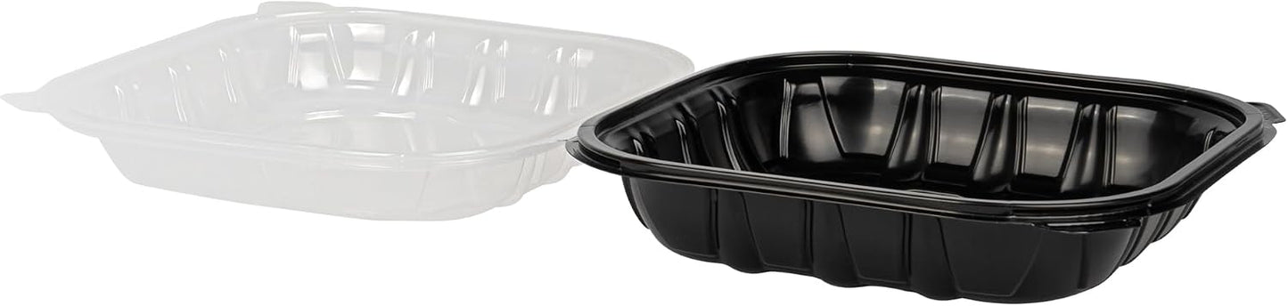Thermo Tek 40 Ounce Clamshell Containers, 50 Disposable Take Out Boxes - 3 Compartments, Ventilated Lids, Black Plastic Meal Prep Containers, Microwavable, For Pasta Or Salads - Restaurantware