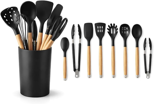 Silicone Cooking Utensil Set with Holder - Heat Resistant, Non-Scratch Kitchen Tools in Sage Green with Wooden Handles