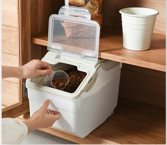 AnRui Airtight Flour Storage Container 25lb, Plastic Grain Storage Bucket, Rice Cereal Dispenser Organizer Box with Lid, Cat Dog Food Storage Bin with Measuring Cup, Scoop, Wheels, 2Pcs Green
