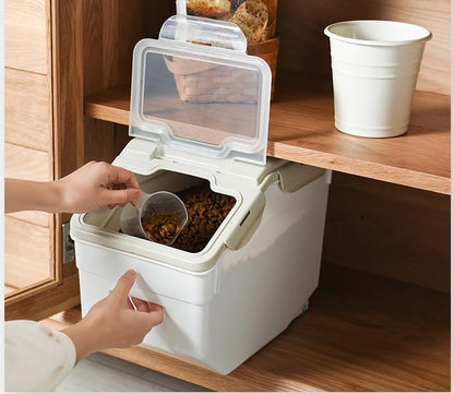 AnRui Airtight Flour Storage Container 25lb, Plastic Grain Storage Bucket, Rice Cereal Dispenser Organizer Box with Lid, Cat Dog Food Storage Bin with Measuring Cup, Scoop, Wheels, 2Pcs Green