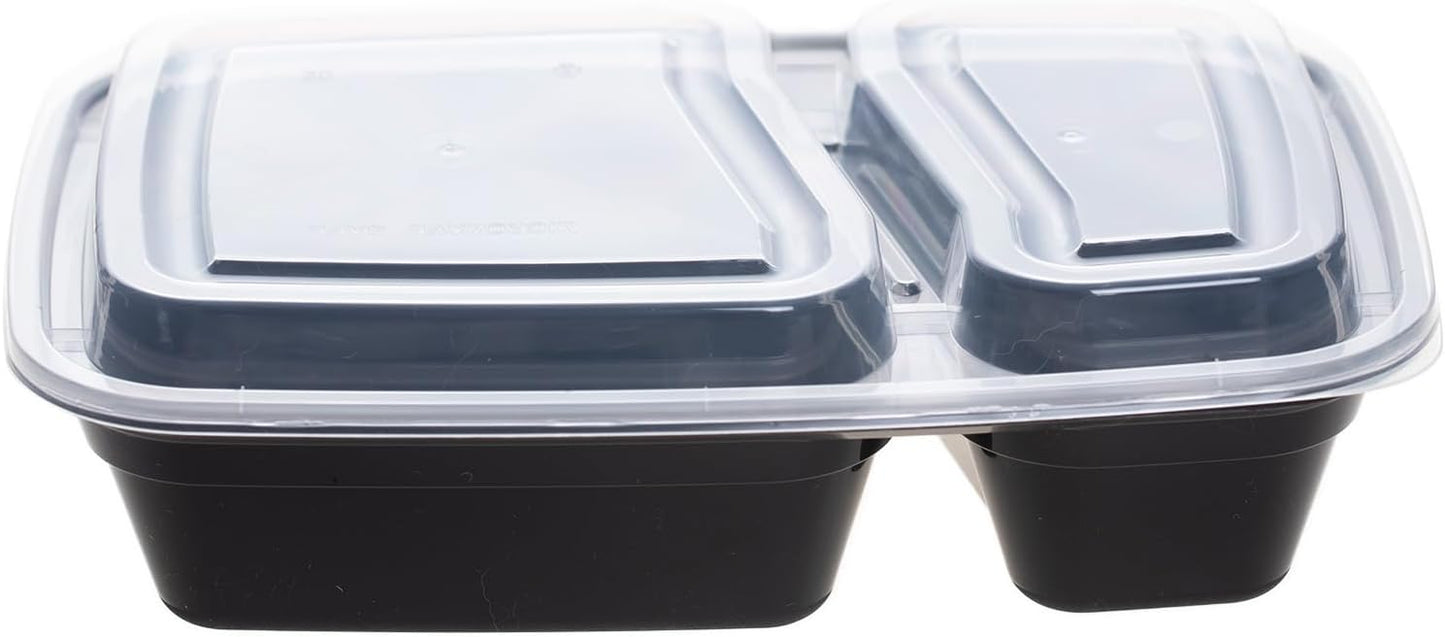 30oz Meal Prep Containers Bulk 50-Pack - 2-Compartment with Lids, Leakproof, Microwave/Freezer/Dishwasher Safe - Commercial Food Storage, Black