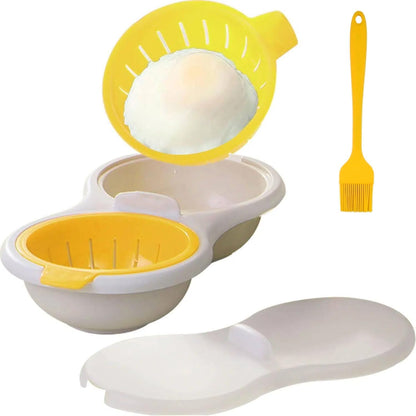 2 Cavity Microwave Egg Poacher, Microwavable Poached Egg Cooker with Lid & Handle Double Layer Microwave Egg Poacher Boiled Eggs Maker Poached Egg Cup for Breakfast with Oil Brush and Scraper (Yellow)