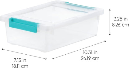 IRIS USA 12 Qt. Craft Storage Bins with Lids, 4-Pack, |Made in USA|, Clip Box, Medium Plastic Sensory Bin Tote Organizer Containers for Art Supplies, Paper, & Office, Stackable - Clear/Seafoam Blue