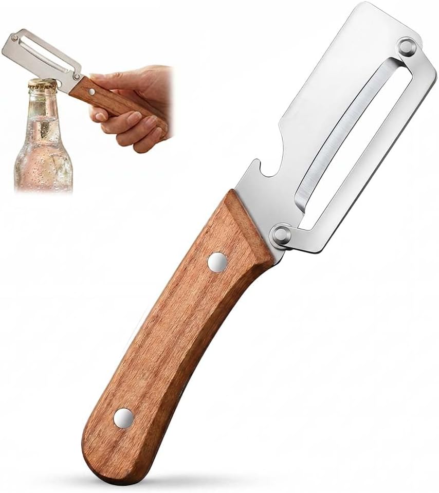 Multi-Functional Vegetable Peeler with Julienne Slicer & Bottle Opener, Stainless Steel Blade & Wooden Handle, Ergonomic Kitchen Tool for Peeling, Slicing & Shredding Fruits & Veggies (Style-A, 1PC)