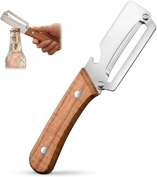 Multi-Functional Vegetable Peeler with Julienne Slicer & Bottle Opener, Stainless Steel Blade & Wooden Handle, Ergonomic Kitchen Tool for Peeling, Slicing & Shredding Fruits & Veggies (Style-A, 1PC)