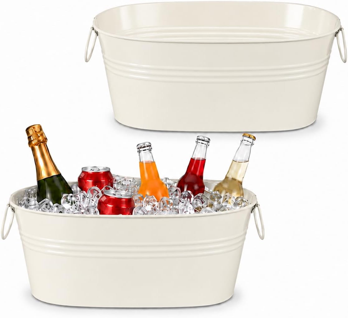 2 Pack 3 Gallon Galvanized Tub Ice Bucket, 15x7x6.5" Metal Drink Buckets for Parties, Leak-Proof Beer Beverage Tubs with Handles for Champagne Wine Mimosa Bar Supplies (White)