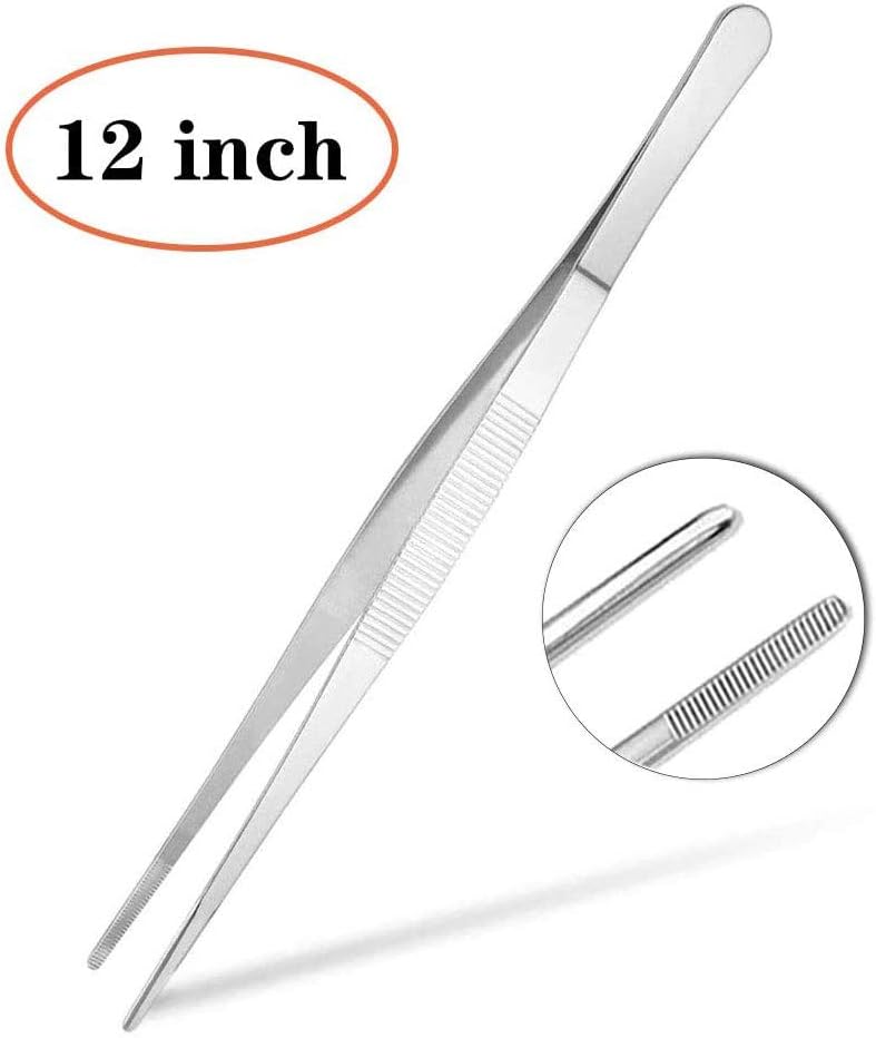 Kitchen Tweezers Stainless Steel 8 Inch Long Tweezers Tongs, Heavy Duty large food tweezers with Precision Serrated Tips for Cooking(8" Straight+Curved)