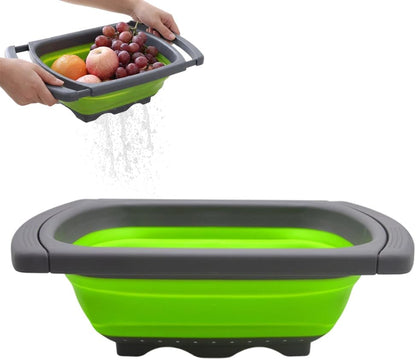 6 Quart Collapsible Colander Strainer, XL Large Over The Sink Vegetable Pasta Strainer, Collapsible Colander Strainer for Fruit Berries, Colanders with Handles up to 61cm for Kitchen (Green)