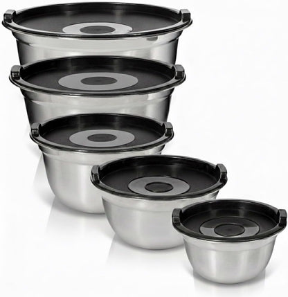 WHYSKO Stainless Steel Mixing Bowls with Lids Set - 5 Rustproof Metal Nesting Mixing Bowls for Kitchen, Meal Prep, Baking, Cooking, Storage - Includes 3 Grater Attachments, Dishwasher Safe