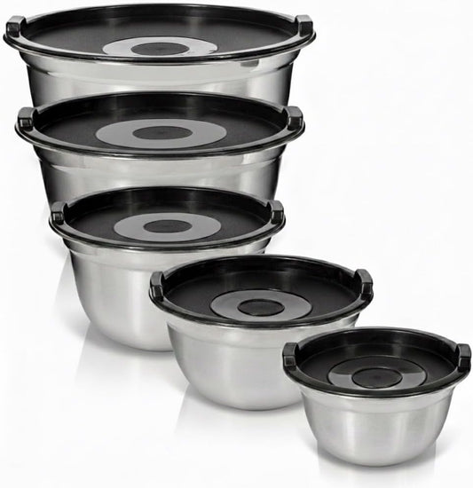 WHYSKO Stainless Steel Mixing Bowls with Lids Set - 5 Rustproof Metal Nesting Mixing Bowls for Kitchen, Meal Prep, Baking, Cooking, Storage - Includes 3 Grater Attachments, Dishwasher Safe
