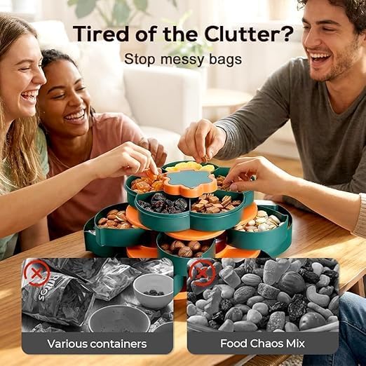 10-Grid Petal Rotating Snack Tray with Lid, Portable Divided Snackle Box Container for Party, Picnic and Camping, 360° Smooth Spinning Fruit Platter for Nuts, Fruits and Candy (C)