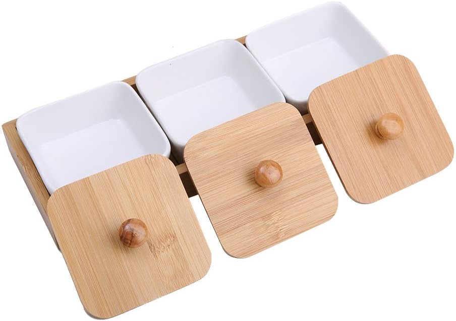 Ceramic Snack Serving Tray Compartment Serving Platter with Lid and Pallets Removable Container Food Storage for Appetizer Condiments Nuts(3 Grid)