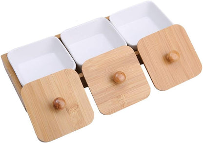 Ceramic Snack Serving Tray Compartment Serving Platter with Lid and Pallets Removable Container Food Storage for Appetizer Condiments Nuts(3 Grid)