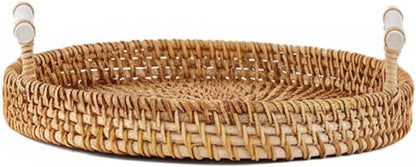 Hand Woven Rattan Basket with Wooden Handle, Natural Open Weave Storage Bin for Countertop Organization, Produce, and Snacks