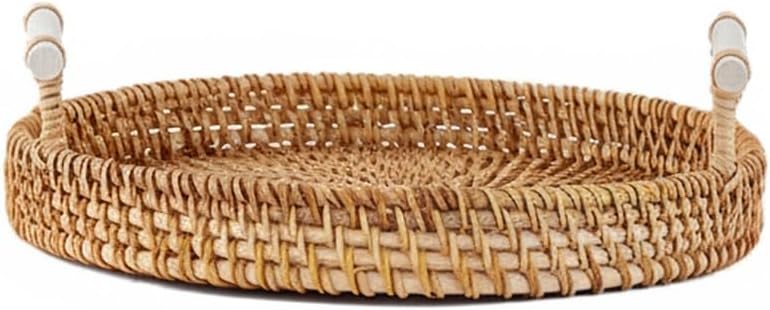 Hand Woven Rattan Basket with Wood Handle, Open Weave Storage Bin for Countertop Organization, Produce, and Home Decor