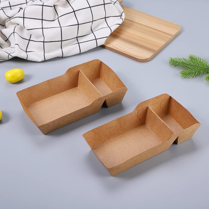SOUJOY 100 Pack Food Serving Tray, 2 Compartment Disposable Kraft Nacho Boat Tray, Grease Resistant Heavy Duty Paperboard, Take Out Fast Food Snack Holder Container for Party
