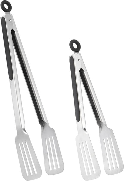 Metal Tongs for Cooking, Set of 2 Stainless Steel Spatula Tongs for Grilling, Cooking and Flipping, Strong Grip for Ribs, Steak and Fish, Comfortable Grip, Easy Pull Lock, 9 inch & 12 inch