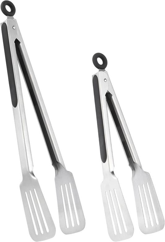 Metal Tongs for Cooking, Set of 2 Stainless Steel Spatula Tongs for Grilling, Cooking and Flipping, Strong Grip for Ribs, Steak and Fish, Comfortable Grip, Easy Pull Lock, 9 inch & 12 inch