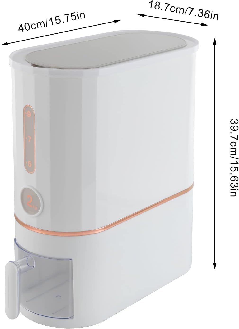 Rice Dispenser, 10KG/22Lbs Rice Container Cereal Dispenser with Lid & Measuring Cup, Grain Storage Organizer Rice Holder for Kitchen Countertop Dry Food, W7.4*D15.8*H15.7in