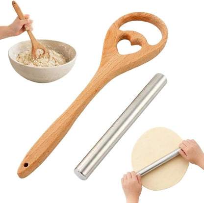 13 Inch Danish Dough Whisk, Wooden Dough Mixer for Sourdough Bread, Batter & Pizza Dough, Kitchen Hand Mixing Tool, Includes Stainless Steel Rolling Pin (Heart Style)