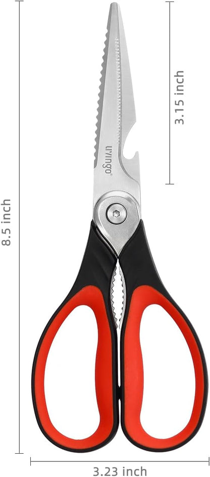 LIVINGO 8.5 Inch Kitchen Scissors Heavy Duty - Multi-Purpose Food Shears with Serrated Blades, Nut Cracker, Fish Scaler, Bottle Opener, Black & Red Handle