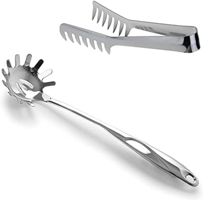 HornTide Stainless Steel Pasta Tongs, Pack of 2 Piece, Teethed Ends Design for Spaghetti Noodle Pastry, Kitchen Serving Tong Set 8-inch 20cm