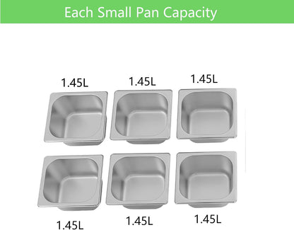 3/4/6 Compartment Stainless Steel Fruit Serving Set with Removable Acrylic Lids, Drainage Mats - Commercial Food Storage Containers for Buffet, Restaurant (3-Pan)