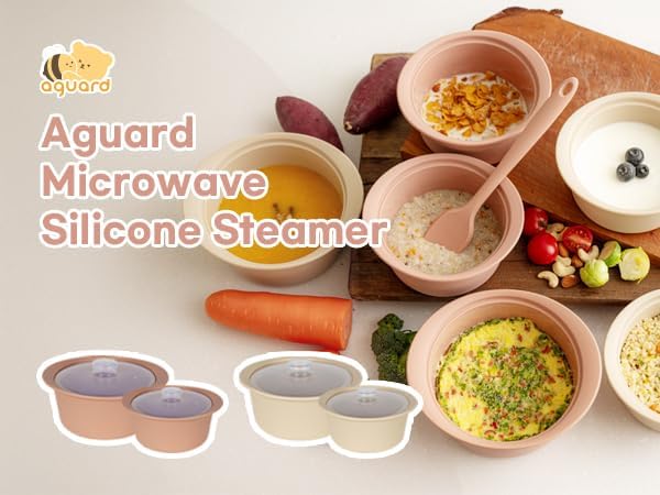 Microwave Silicone Steamer for Baby Food, Made In Korea, Oven & Dishwasher Safe to 482°F, Easy Clean, Microwave Pot with Handle & Lid, 100% Food Grade Steamer Bowl (Creme Brulee, 29oz (850ml) with basket)