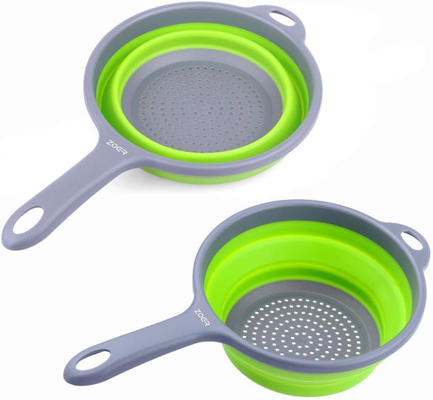ZOER Kitchen Foldable Pasta Strainers,Collapsible Colanders with Handles,Space-Saver Folding Silicone Strainers Colander,Capacity of 2 quart (Green)