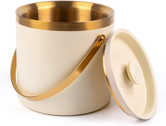 3L beige white Double Wall Insulated Stainless Steel Ice Bucket with scoop for Cocktail Bar,Metal Ice Bucket for freezer with Lid for parties.ice Container to Keep Ice Colder,bar cart accessories