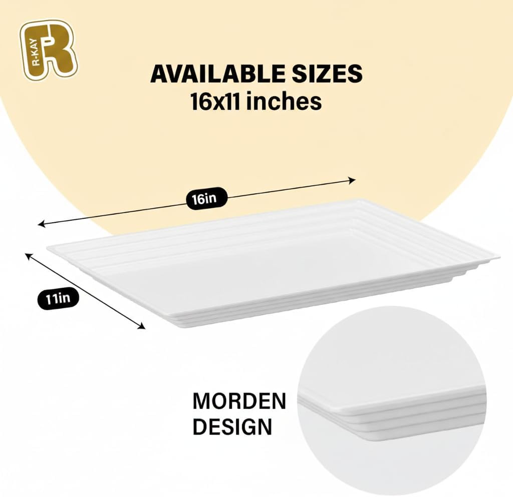 6 Pack Extra Large Plastic Serving Trays for Party - 16 x 11 White Large Serving Tray - Heavy Duty White Plastic Trays for Food - Rectangular Party Serving Trays and Platters