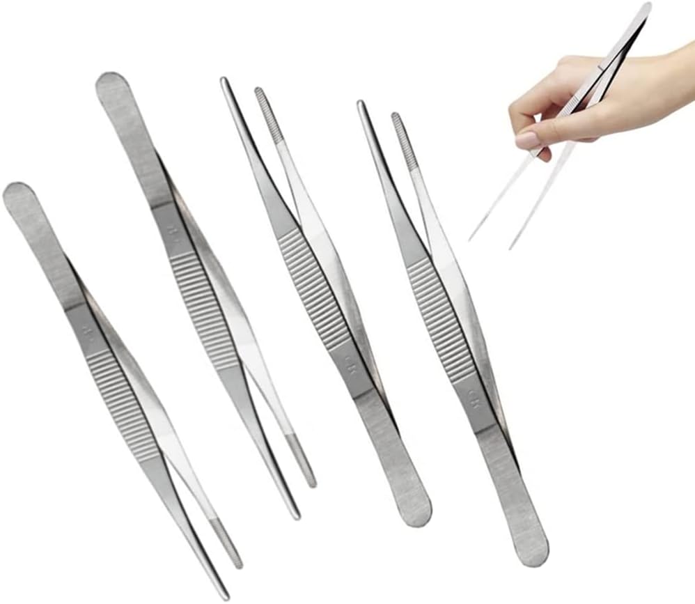 4 Pcs 5.5IN/14CMFood Tong Stainless Steel Cooking Tweezers Fine Tweezers, Kitchen Tweezers, Food Tweezers with Precision Serrated Tips for Cooking, Grilling, Baking,