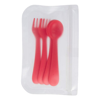 Lollaland 5 Piece Plastic Toddler Silverware Spoon and Fork Utensil Set - Reusable Toddler Cutlery With Hygienic Travel Pouch (Pink)
