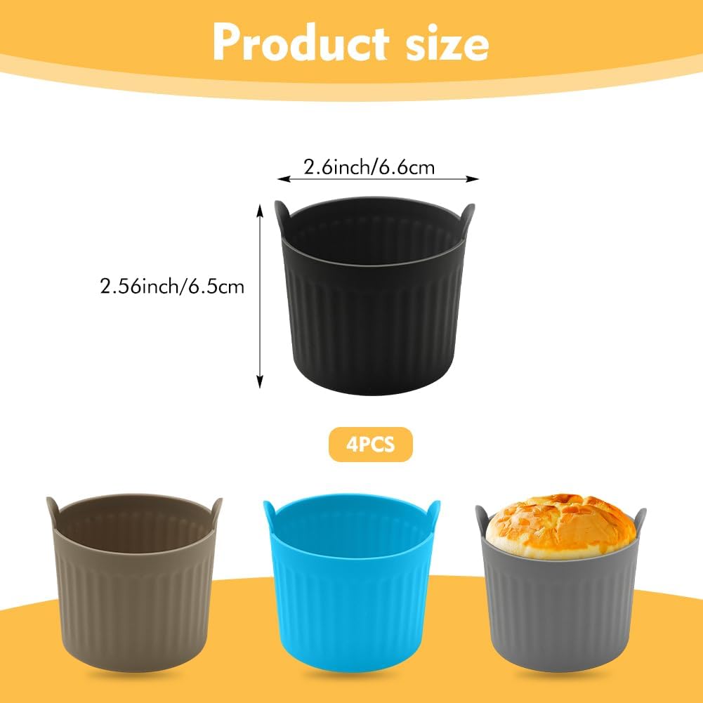 4Pack Air Fryer Baking Ramekins, Silicone Ramekins for Air Fryer, Easy Release Baking Cakes Moulds Egg Poached Fried Egg Mould, Bakeware Set for Eggs, Cupcakes, Muffins, Puddings