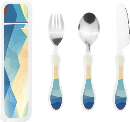Stainless Steel Kids Silverware Set, Windmill Flat Illustration Utensil Set Reusable Children Safe Knife Spoon Fork Set With Storage Case Dishwasher Safe For Lunch, Travel Outdoors