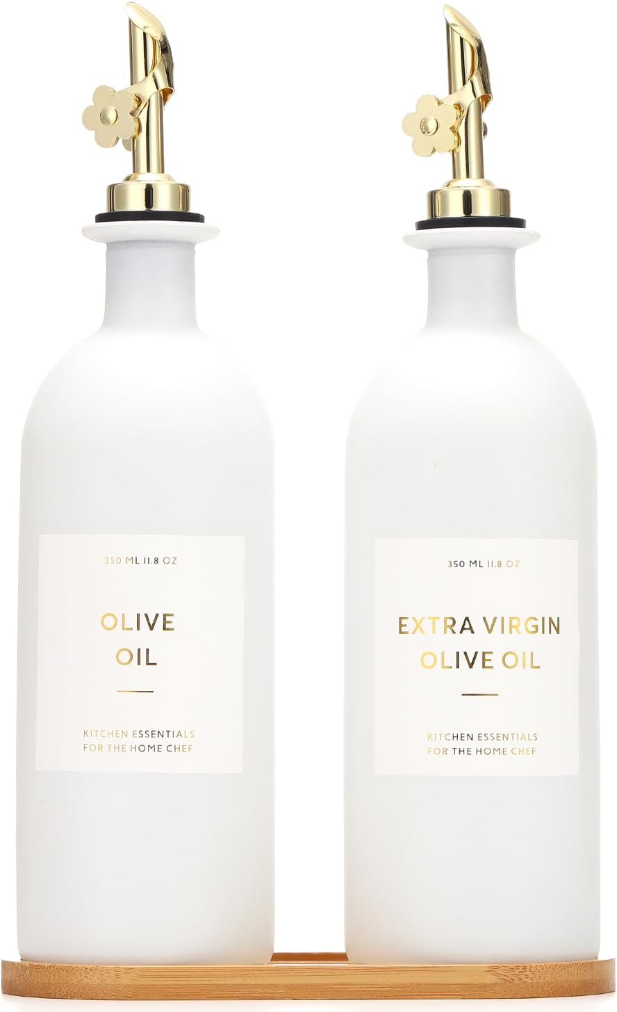 HOMCDALY Olive Oil Dispenser for Kitchen, 12oz Glass kitchen Dispenser Bottle, Gold Oil&Vinegar Cruet Set, Leakproof Oil Containers for Cooking| Set of 2 (12oz – Gold)