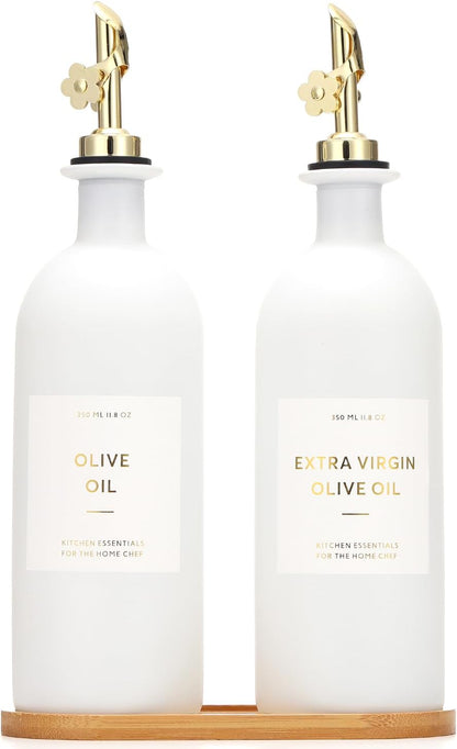 HOMCDALY Olive Oil Dispenser for Kitchen, 12oz Glass kitchen Dispenser Bottle, Gold Oil&Vinegar Cruet Set, Leakproof Oil Containers for Cooking| Set of 2 (12oz – Gold)