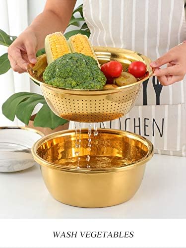 3PC/Set Colander set Stainless Steel Vegetable Slicer Fruit Potato Peeler Carrot Grater Strainer Utensil Round Rice Washer Bowl Drain Basket-Gold